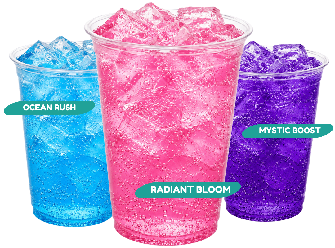 Three colorful Lotus natural energy drinks: blue Ocean Rush, pink Radiant Bloom, and purple Mystic Boost