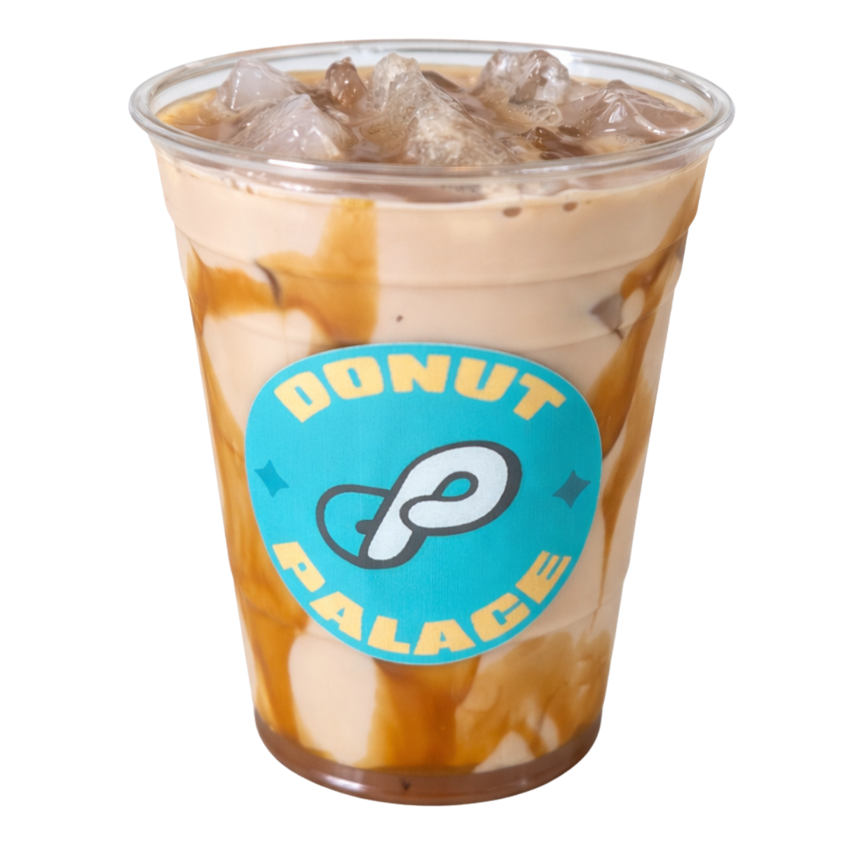 Donut Palace iced coffee cup with caramel drizzle